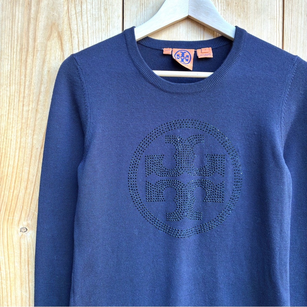 Tory Burch EUC Merino Wool Black Logo Sweater Sz Small